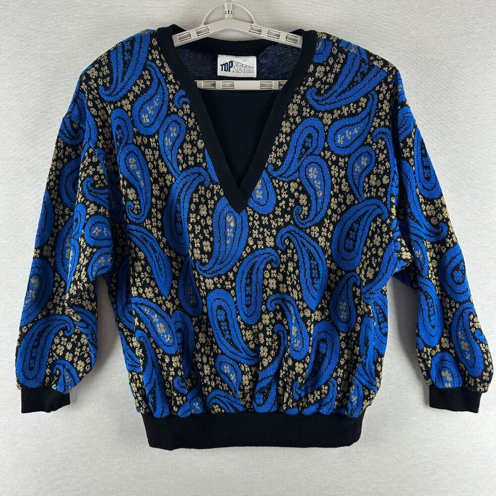 TOP NOTCH WOMEN'S VINTAGE PULLOVER SWEATER BLUE, BLACK & GOLD PAISLEY DESIGN XL
